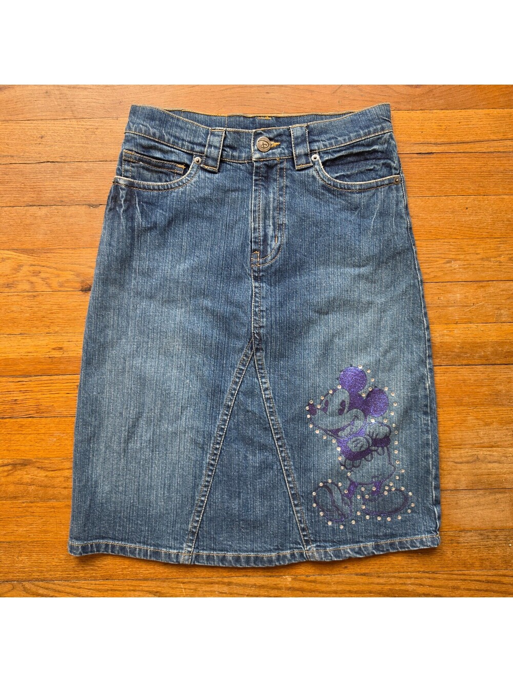 2000s Vintage Disney Women's Denim Midi Skirt with Rhinestone Mickey Mouse - Y2K